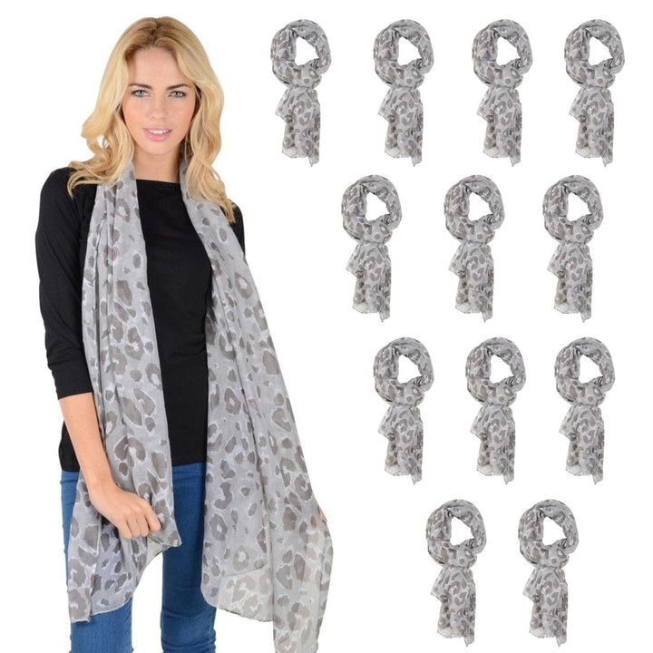Bulk Pack 12 Womens Grey Sheer Leopard Print Animal Lightweight Scarf