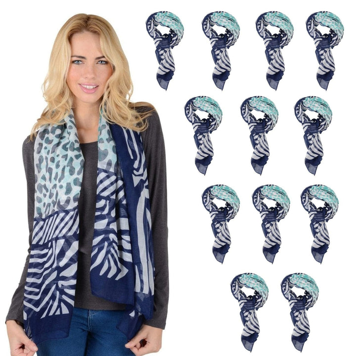 Bulk Pack Of 12 Womens Navy Blue Teal Mixed Animal Print Sheer Scarf