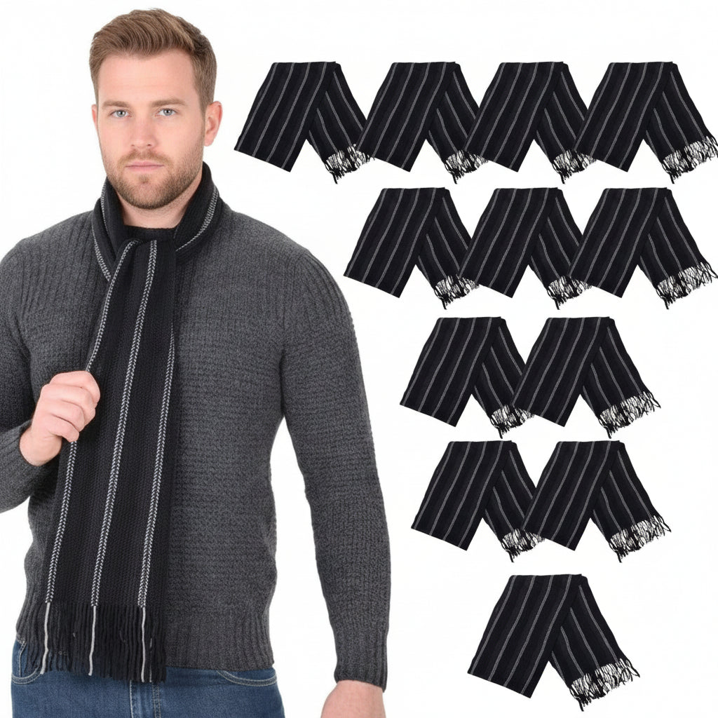 Man wearing a black and white striped scarf with multiple repeats of the scarf design on a white background.