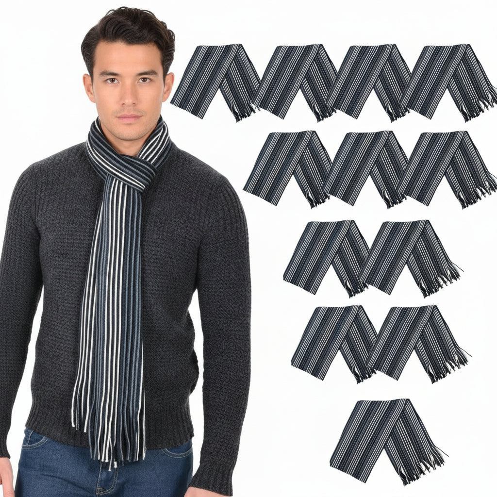 Man wearing a striped scarf with multiple images of the same scarf displayed above him.