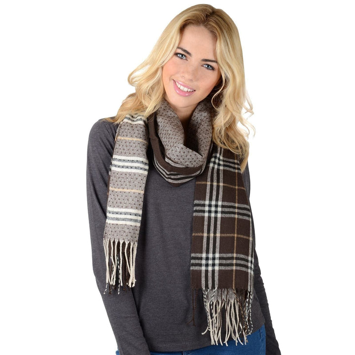 Bulk Pack 12 Womens Winter Scarf Brown Check Tartan Soft Woven Fringe