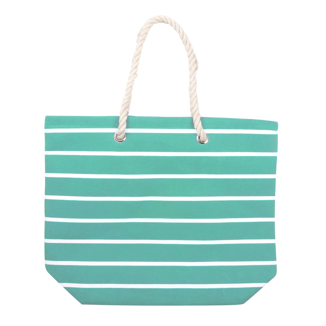 Green and white striped tote bag with a rope handle on a white background