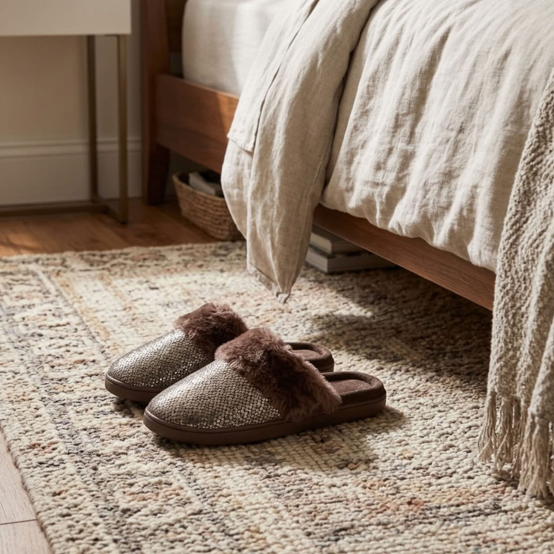 A pair of slip-on slippers with a textured metallic upper and fluffy brown faux-fur trim, placed on a woven area rug in front of a bed in a bedroom setting.