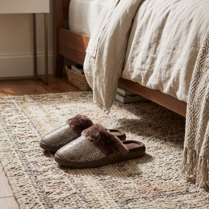 A pair of slip-on slippers with a textured metallic upper and fluffy brown faux-fur trim, placed on a woven area rug in front of a bed in a bedroom setting.