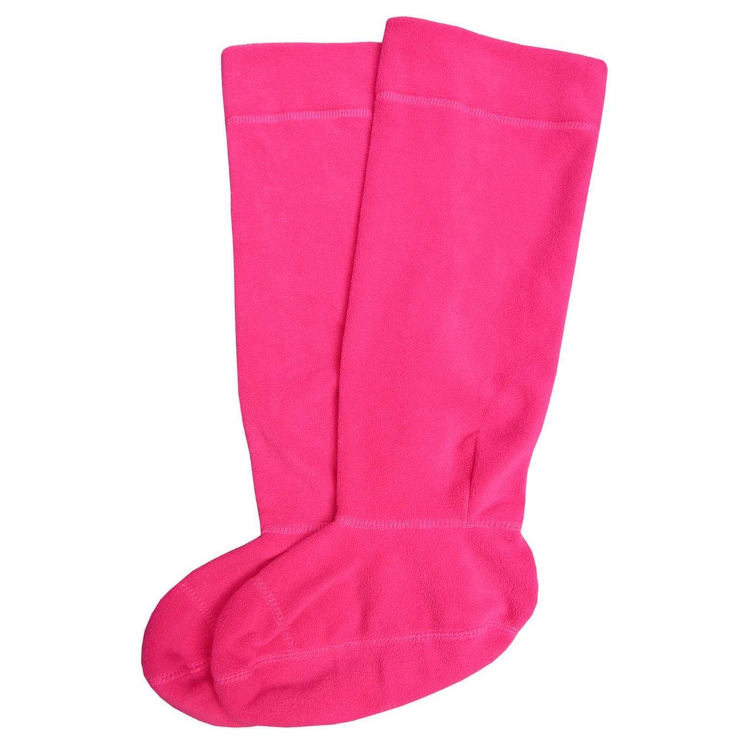 Pair of bright pink welly liner socks on a white background