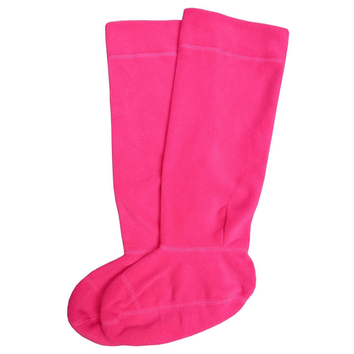 Pair of bright pink welly liner socks on a white background