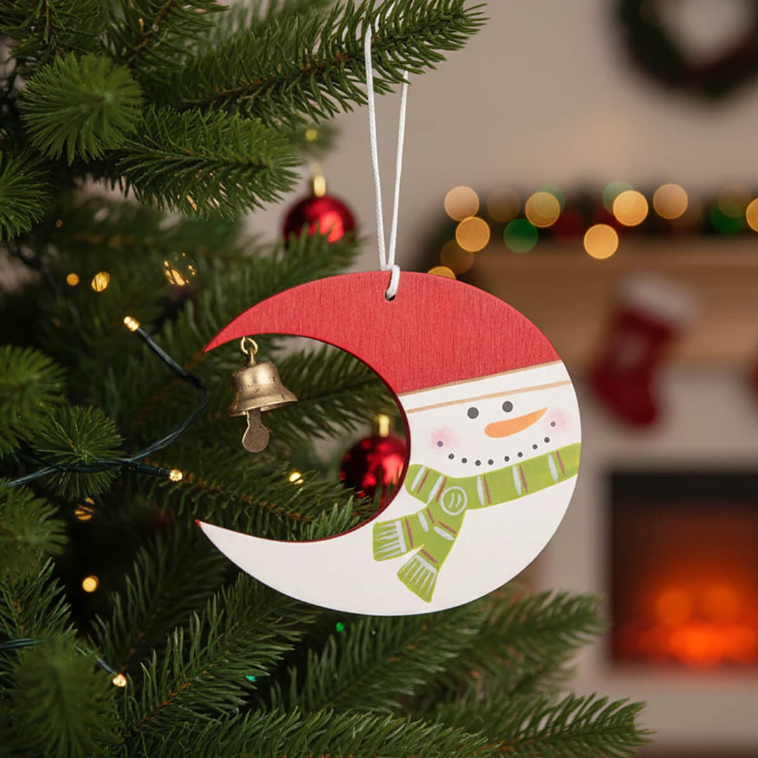 Snowman moon shape Christmas tree decoration with jingle bell
