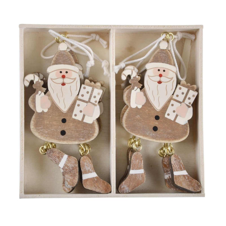 Wooden box of Santa Christmas tree decorations
