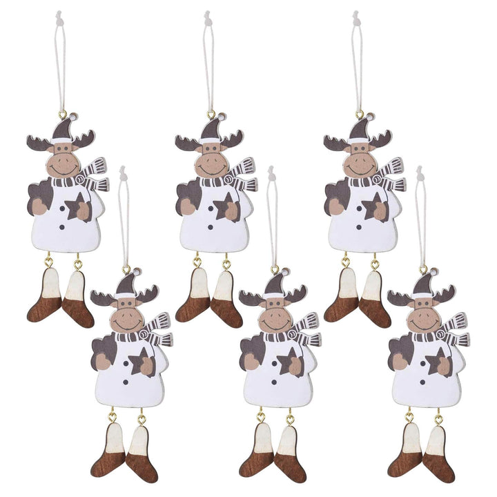 Set of 6 hanging wooden reindeer Christmas tree decorations on a white background