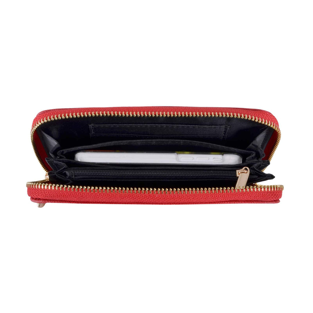 Red purse with gold zip open to show a small smartphone inside on a white background