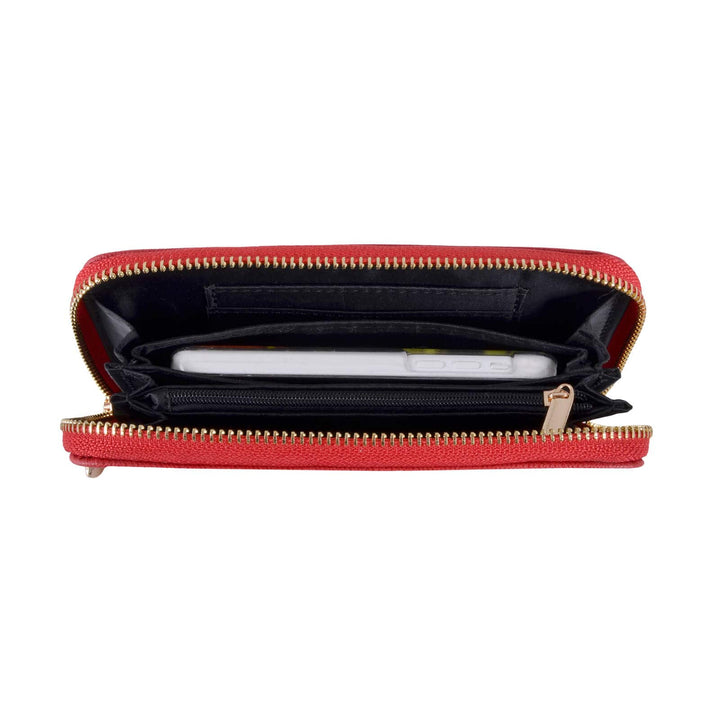 Red purse with gold zip open to show a small smartphone inside on a white background