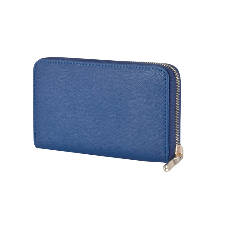 Blue purse with a gold zipper on a white background
