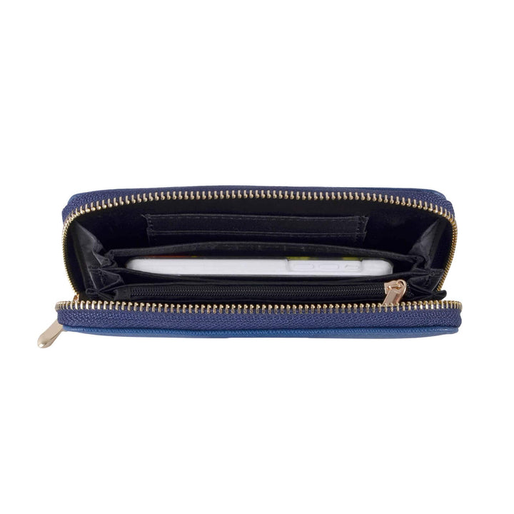Blue purse with gold zip open to show a small smartphone inside on a white background