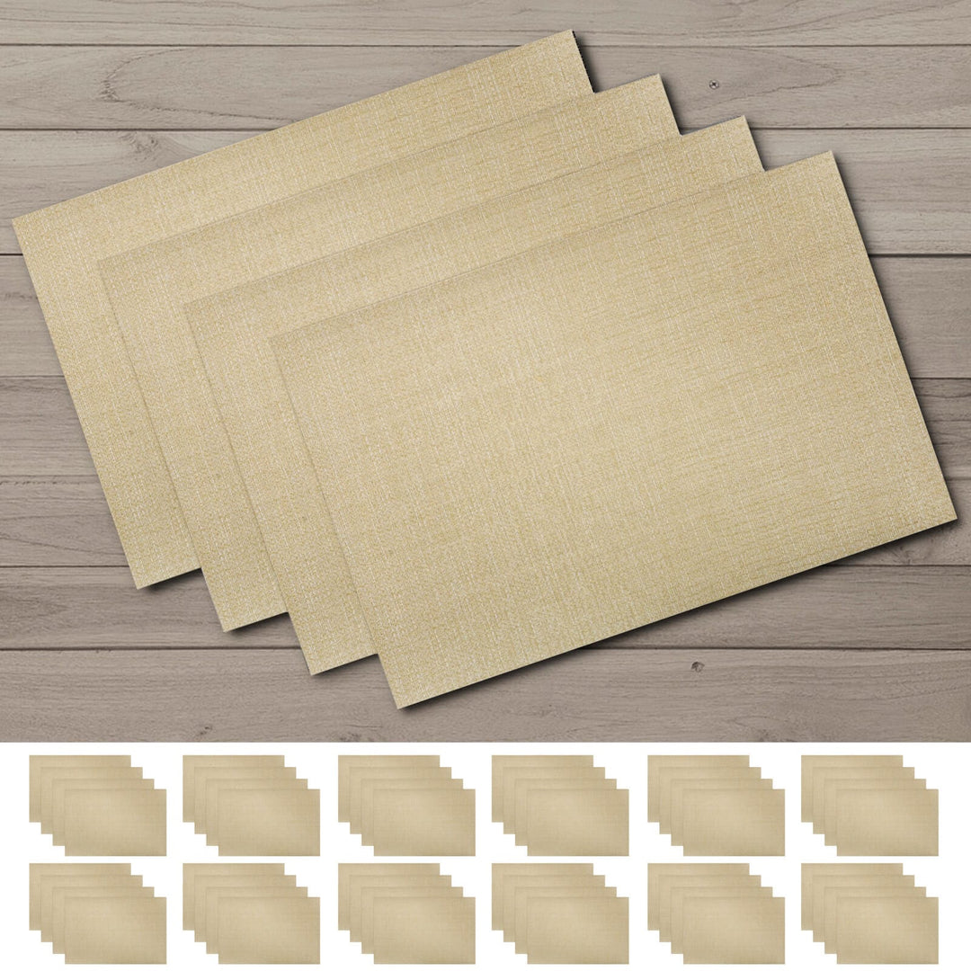 Four beige placemats on a wooden surface with smaller images of the placemats below.