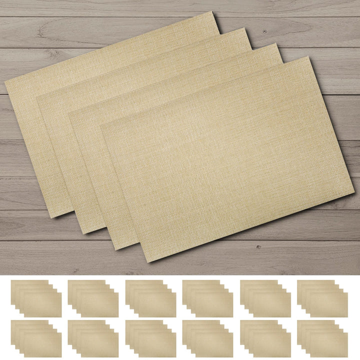 Four beige placemats on a wooden surface with smaller images of the placemats below.