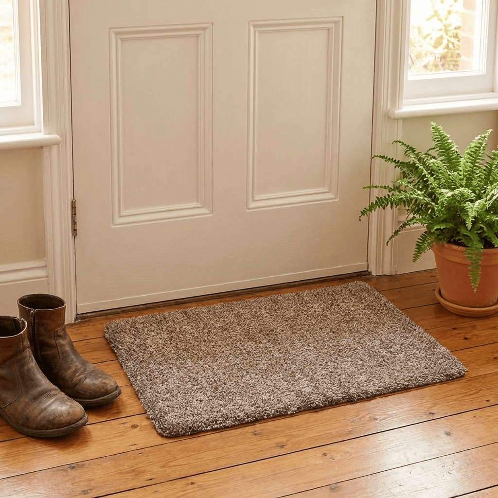 door mat on wooden floor with plant and boots to the side