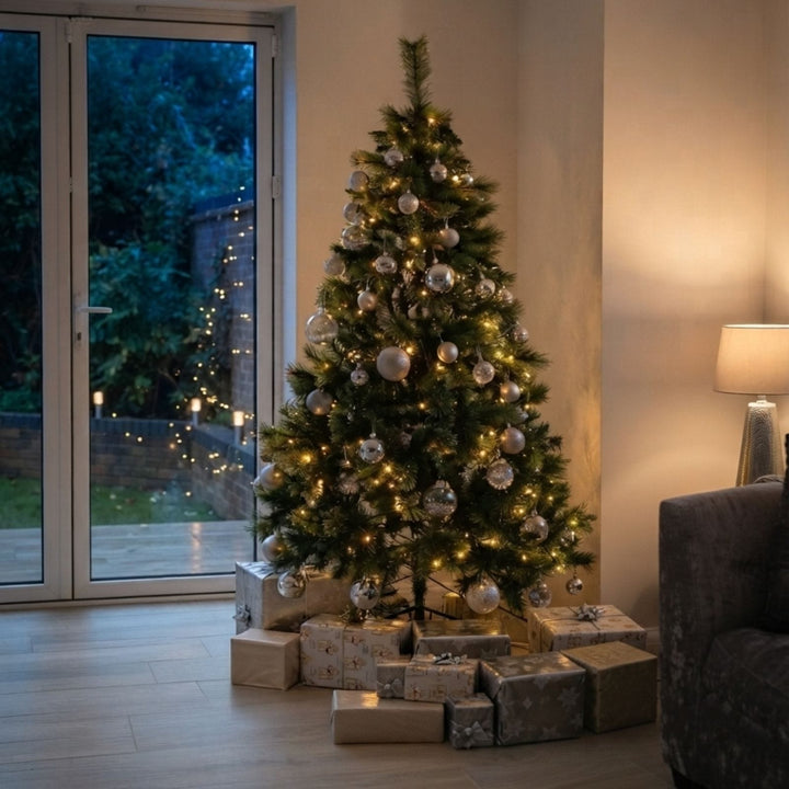 A decorated Christmas tree stands in a living room near large glass doors, with warm white lights, silver and white ornaments, wrapped gift boxes at the base, and a softly lit interior background.