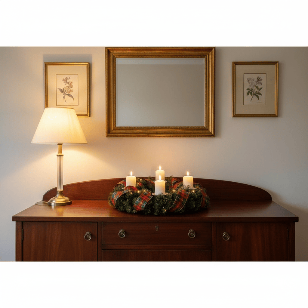 Decorative wreath with candles on a wooden surface, lamp, and mirror in the background. Customised with some tartan for the new year.