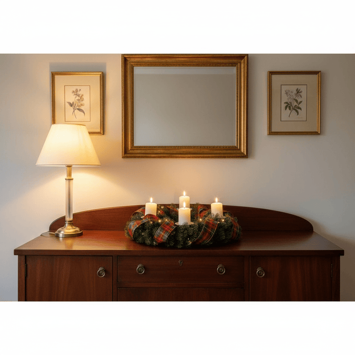 Decorative wreath with candles on a wooden surface, lamp, and mirror in the background. Customised with some tartan for the new year.