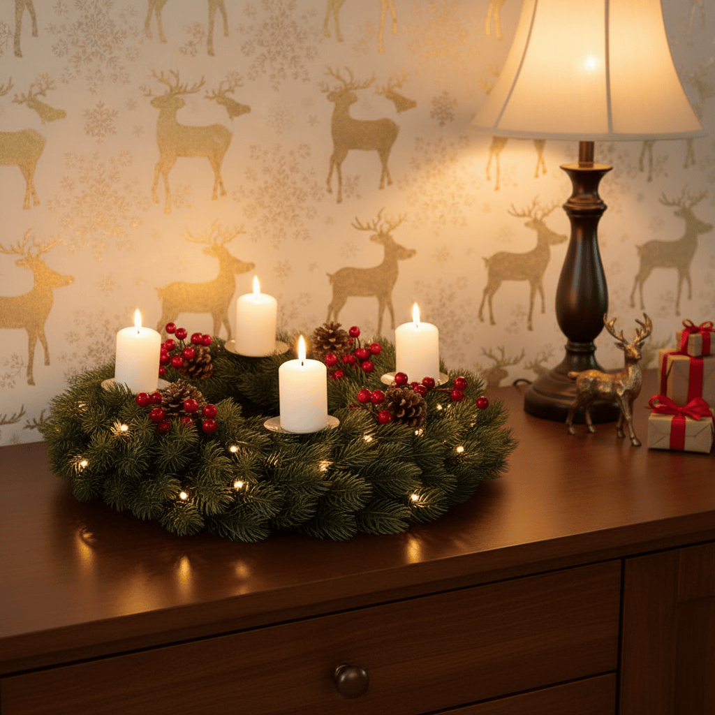 Vintage LED candle wreath with pine foliage and berries