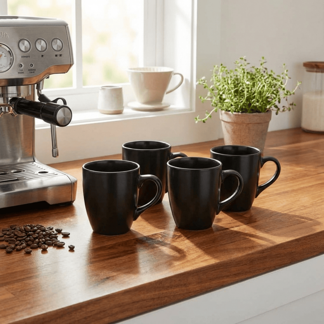 Black mugs on a wooden kitchen counter with an espresso machine and coffee beans.