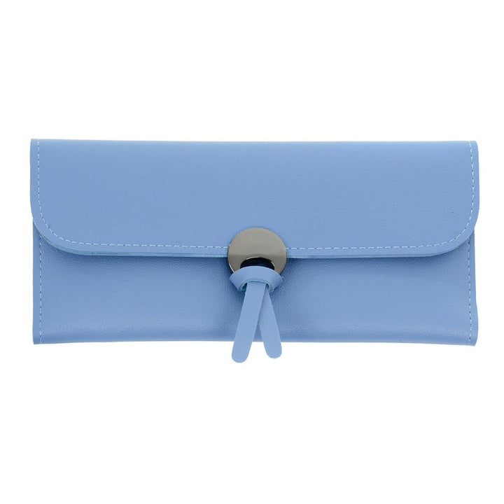 Blue clutch stye purse with stud fastener on a white background