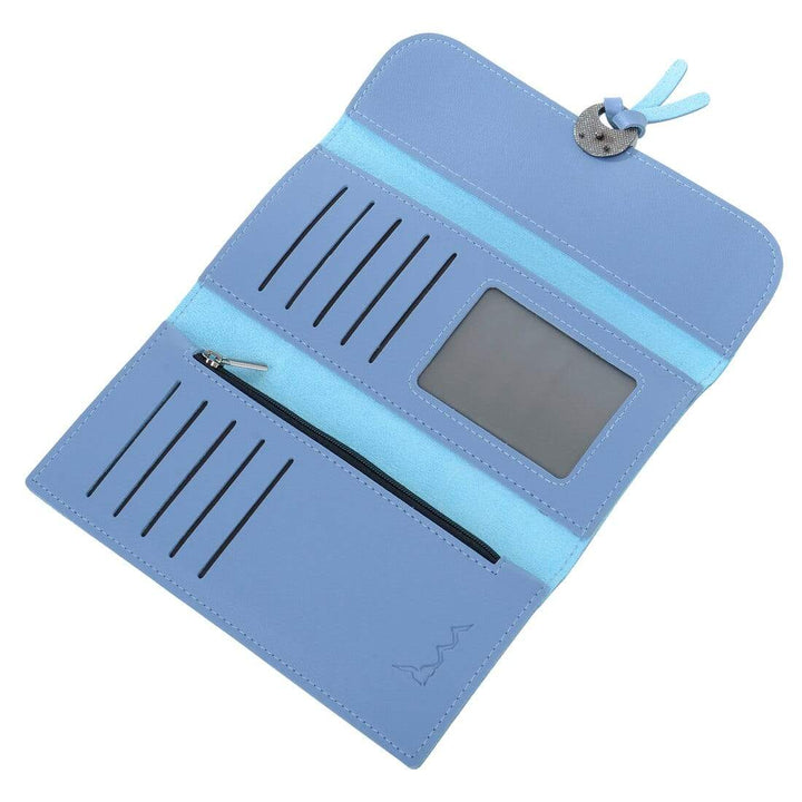 blue clutch purse open to show card slots and window pocket