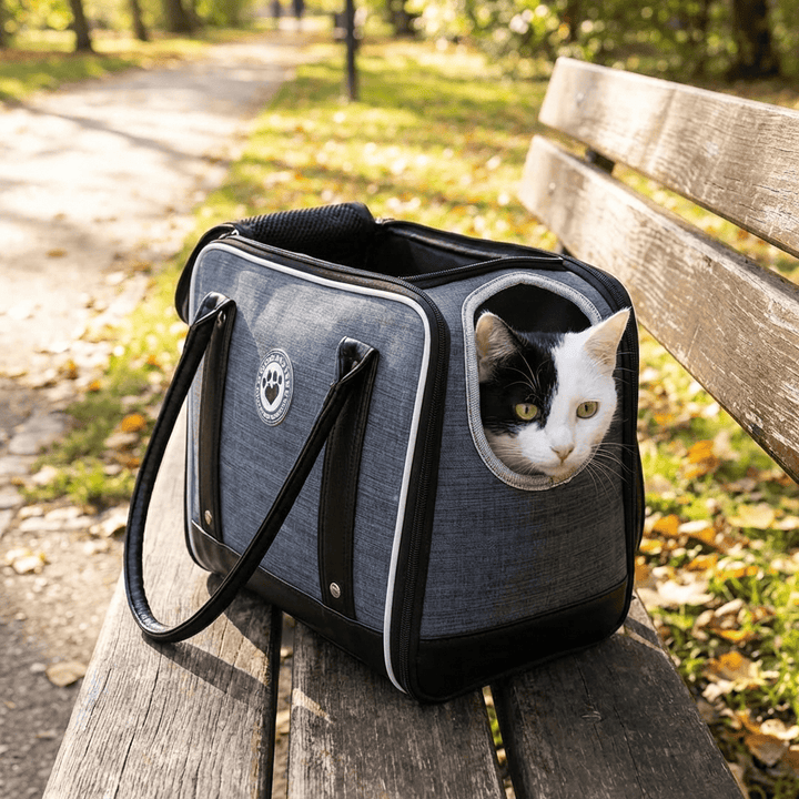 Cat peeking out from a pet carrier on a wooden bench in a park