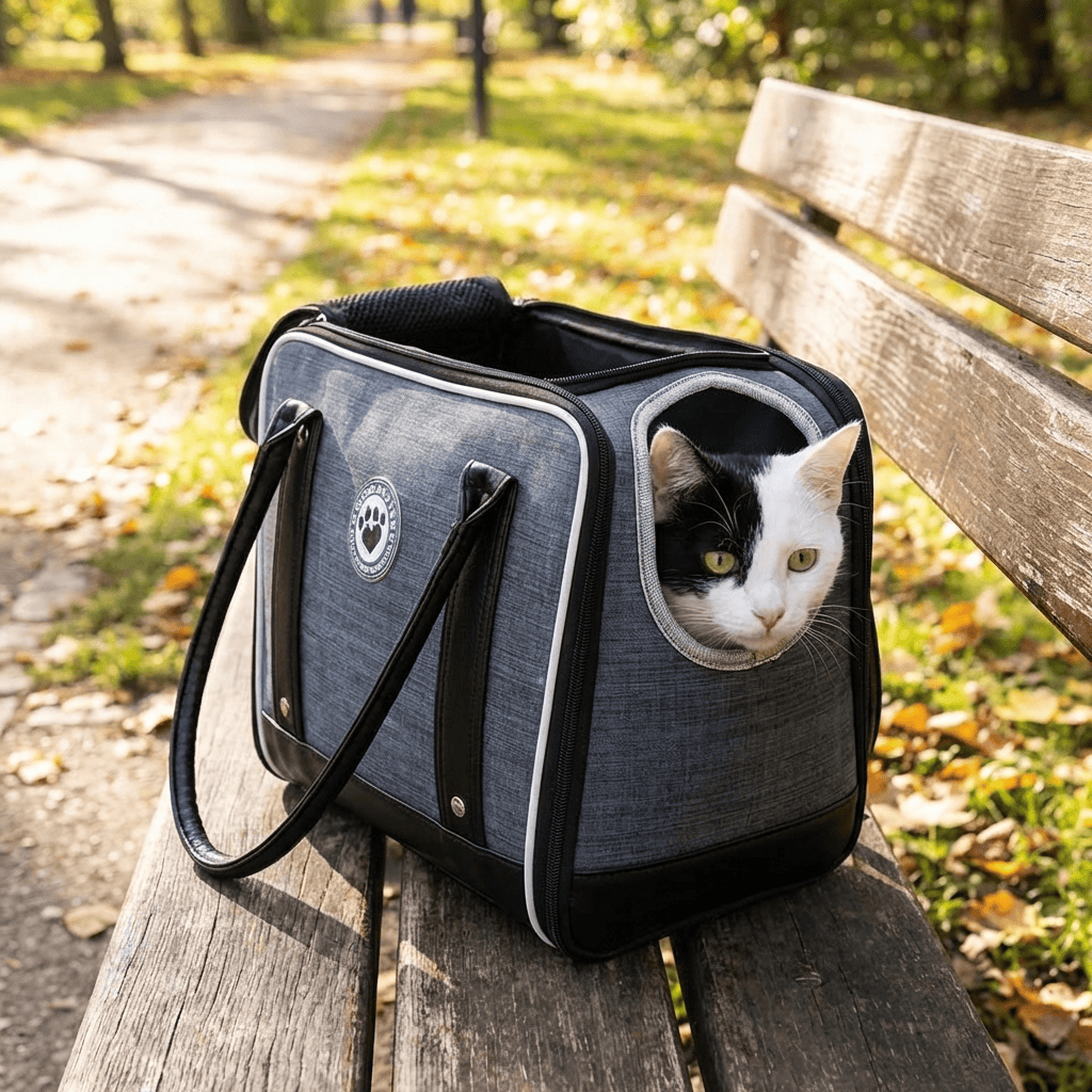 Cat peeking out from a pet carrier on a wooden bench in a park
