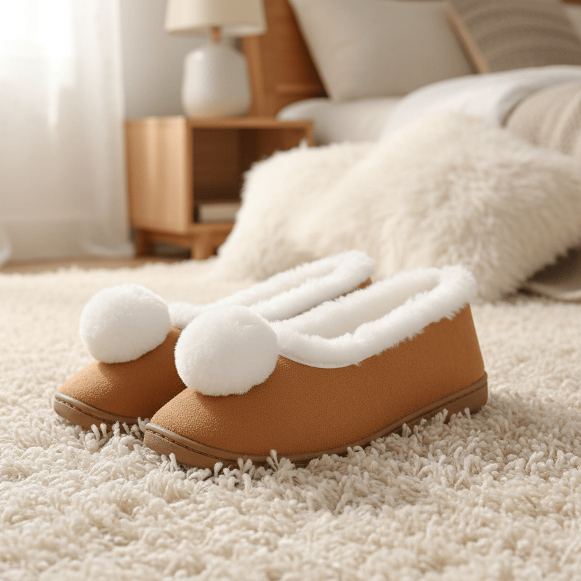 Pair of brown slippers with white fuzzy trim on a carpeted floor.