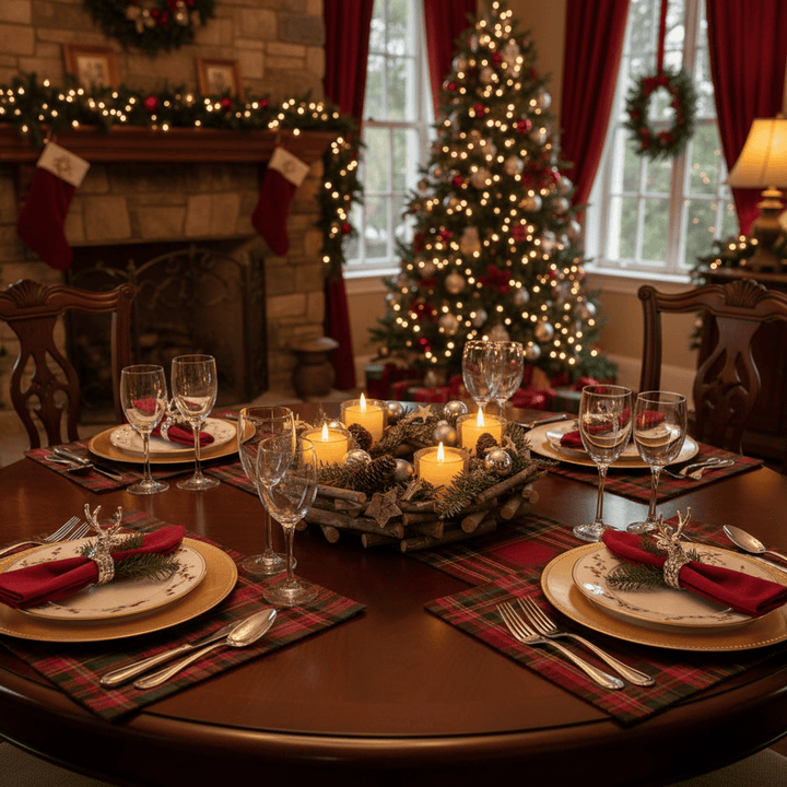 Dining table set for Christmas with candles, glasses, and place settings in a festively decorated room.