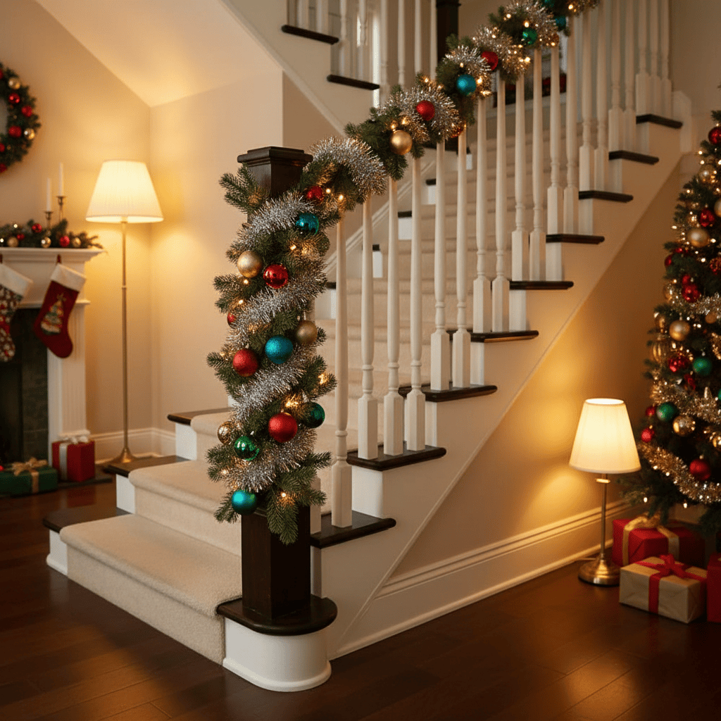 XS5786 Garland Arapped around the stair with Additional Tinsel and Baubles.