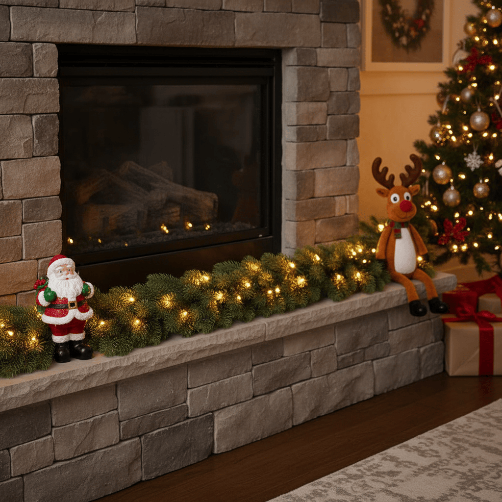 Decorated fireplace with Christmas decorations including a Santa figure, reindeer, and tree.