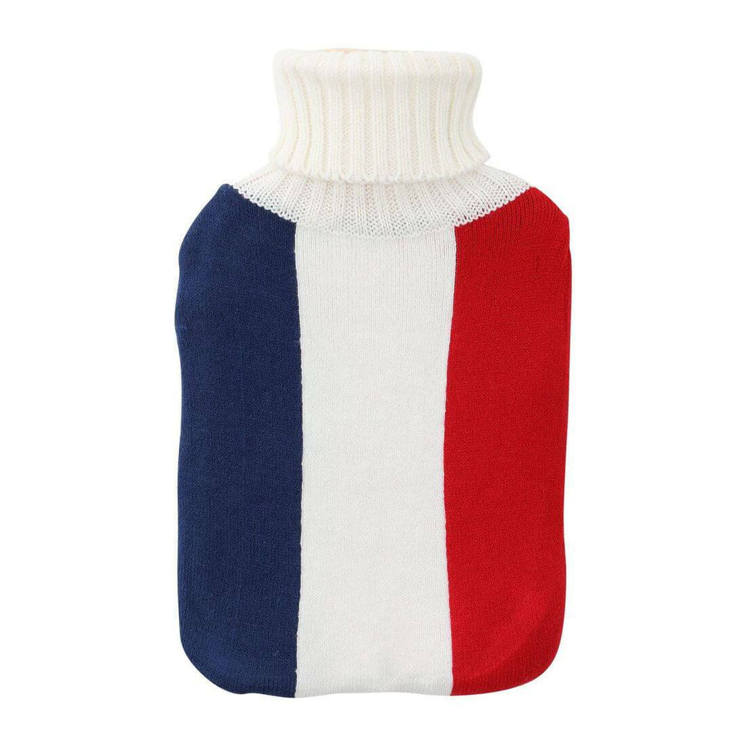 Hot water bottle with a French flag cover in red, white, and blue on a white background