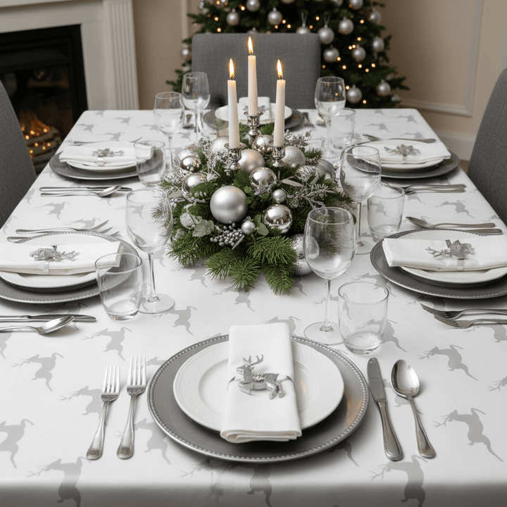 Elegant Christmas dinner table setting with silver decorations and a tree in the background.