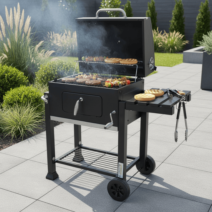 Azuma Rhino Charcoal BBQ Barbecue Black Steel Grill With Wheels