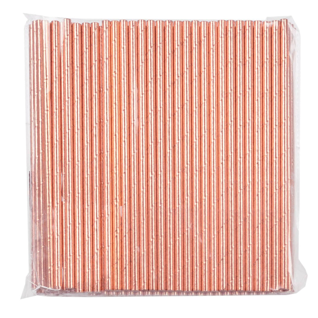 Pack of rose gold paper straws in a clear plastic bag on a white background