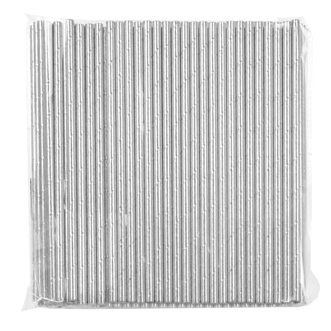 Pack of silver straws in a clear plastic bag on a white background