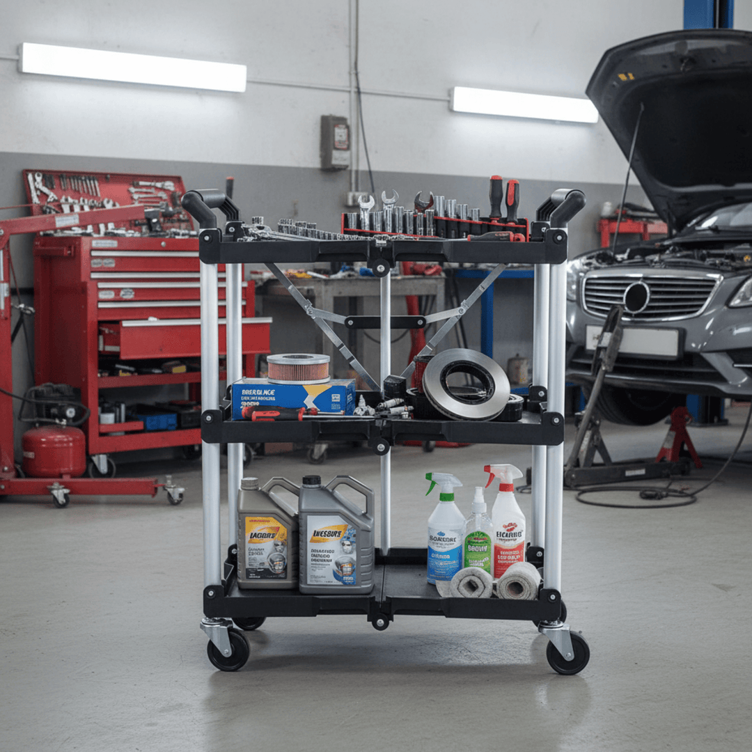 Cart with automotive supplies in a garage setting