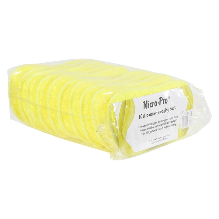 Pack of 10 yellow cleaning pads with a label on a white background