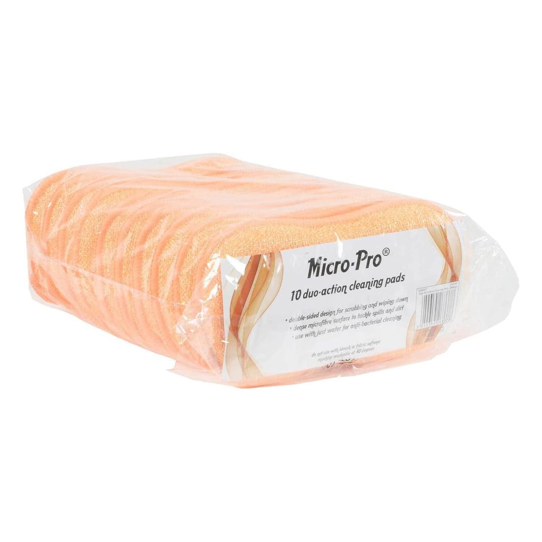Pack of 10 orange Micro-Pro dual-action cleaning pads on a white background