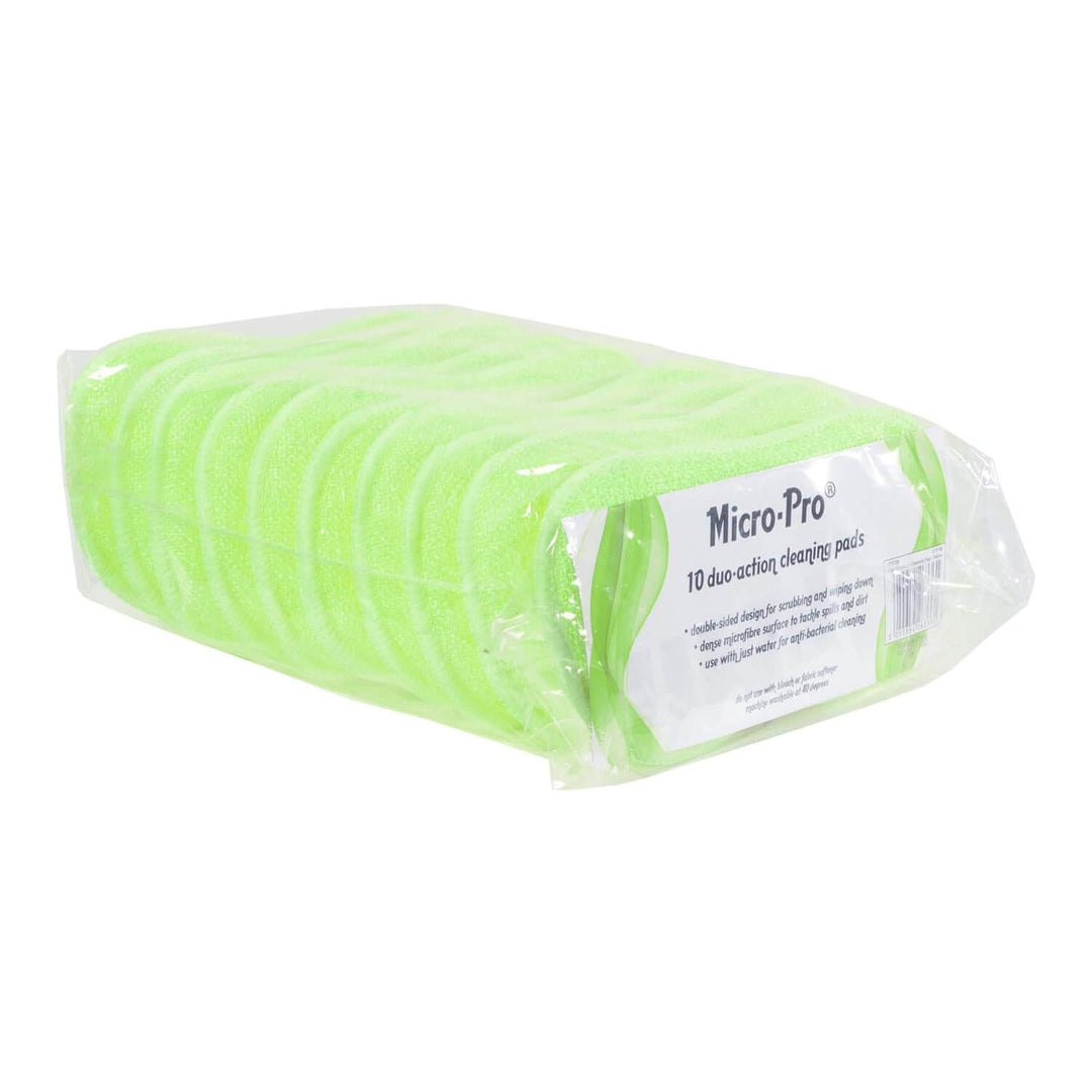 Pack of 10 green cleaning pads with a label on a white background