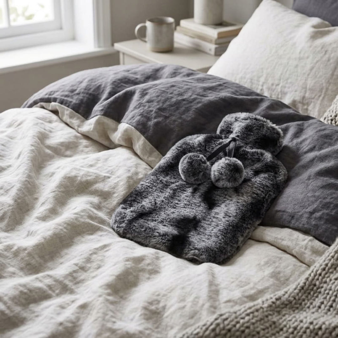A dark gray faux fur hot water bottle with two pom-poms rests on a bed with cream-colored linen bedding and a dark gray pillow.