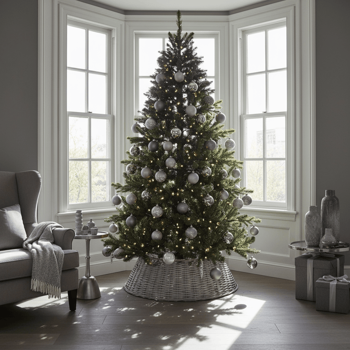 Decorated Christmas tree in a living room with a gray armchair and windows in the background.