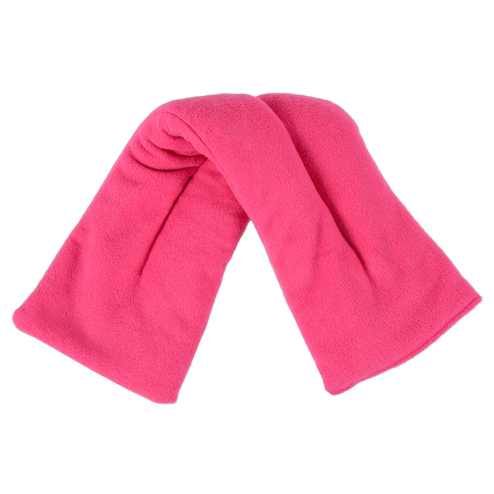 Pink fleece covered heat pack on a white background
