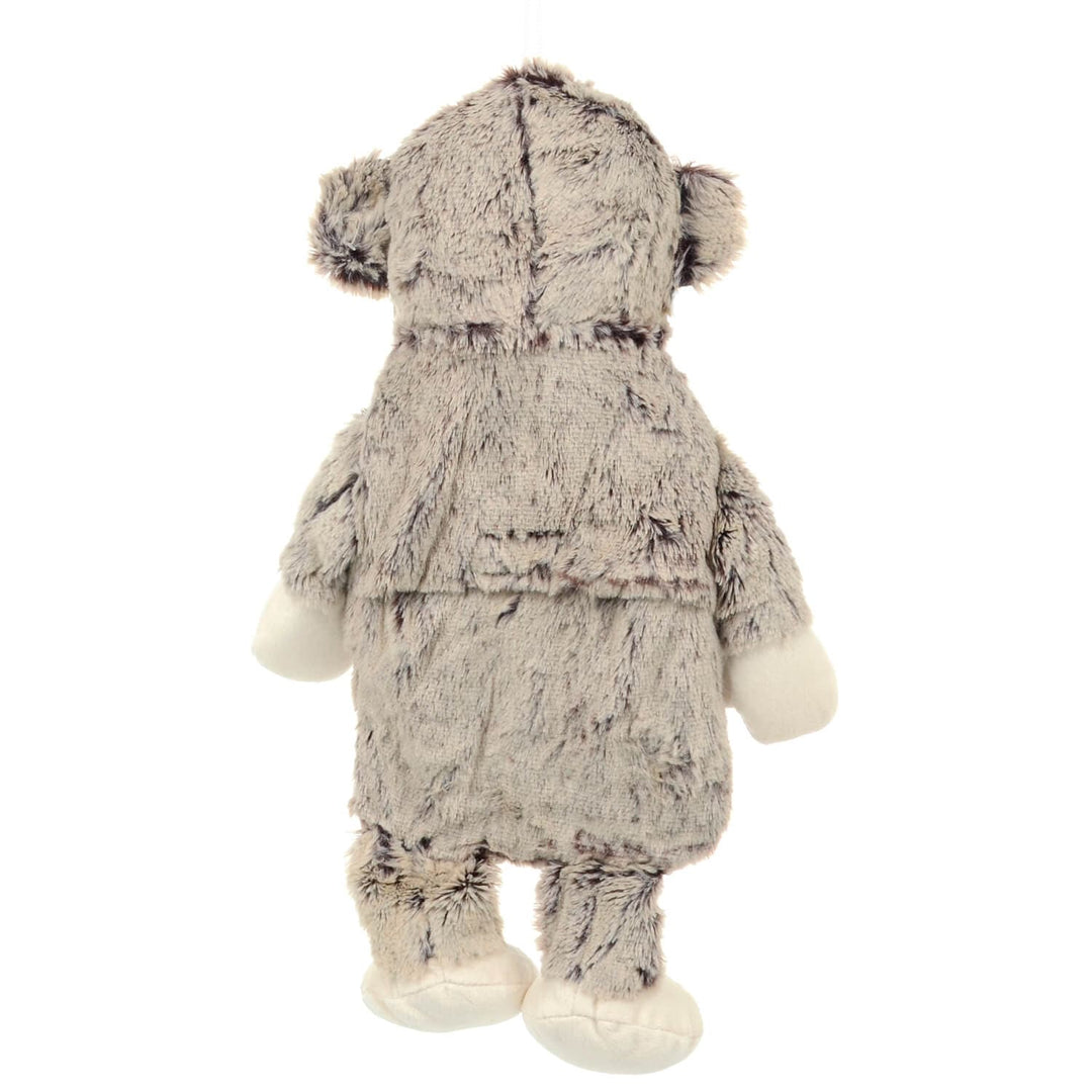 Back view of a plush animal hot water bottle on a white background