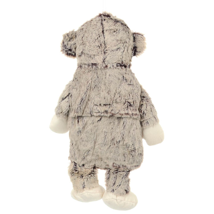 Back view of a plush animal hot water bottle on a white background