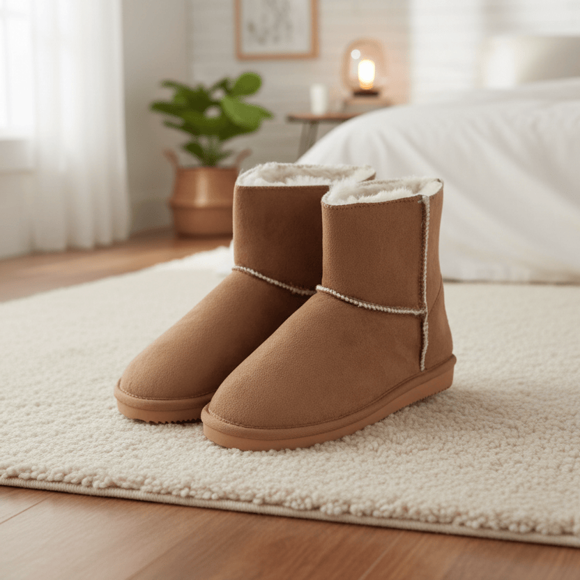 Pair of brown UGG boots on a rug in a bedroom setting