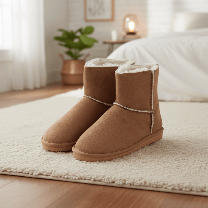 Pair of brown UGG boots on a rug in a bedroom setting