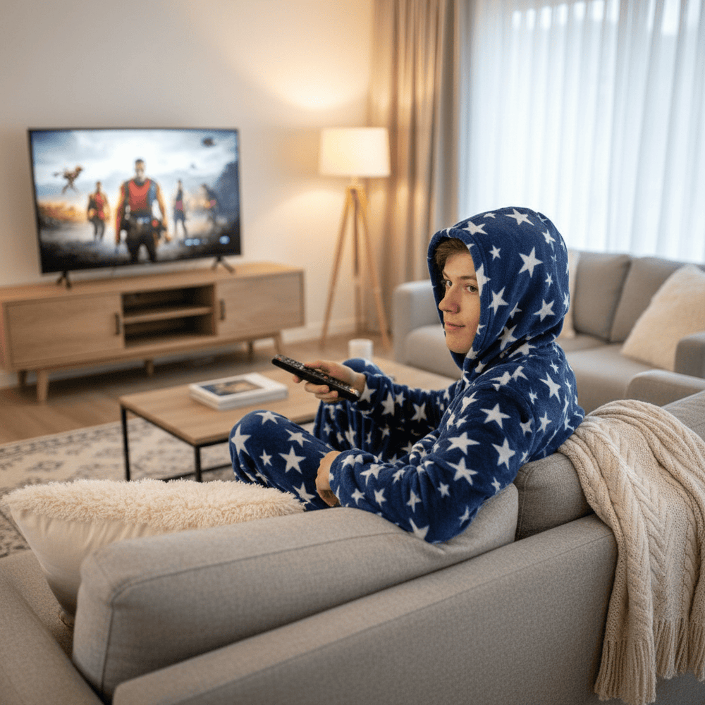 Person wearing a blue star-patterned hoodie sitting on a couch in a living room, watching TV.